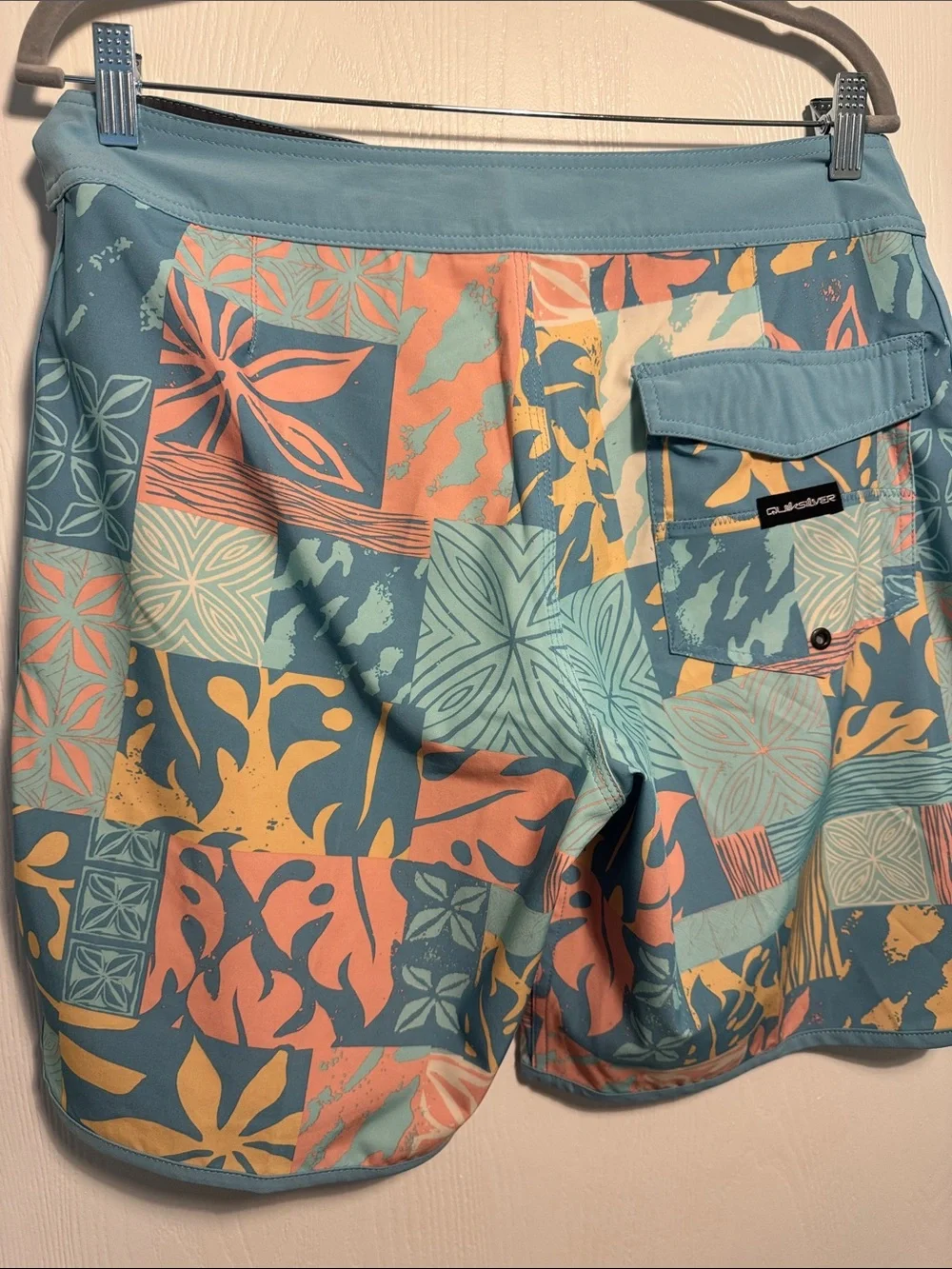 Quicksilver Aqua Patchwork Swim Trunks - Blue/Peach